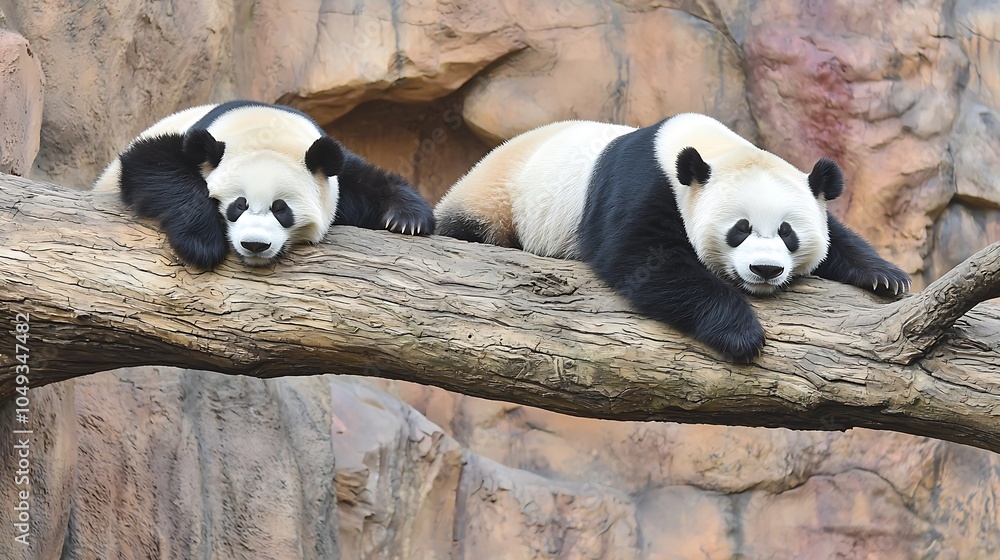 Fototapeta premium Two Playful Pandas Resting on Wooden Tree Branch in a Rocky Natural Habitat : Generative AI