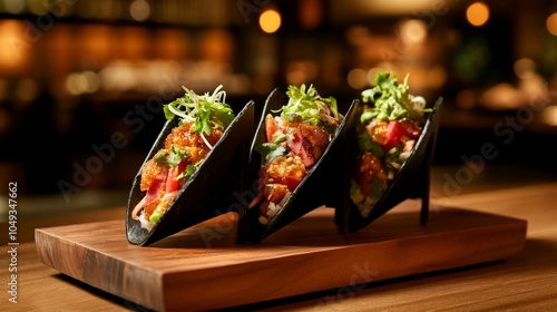 Trendy Fusion Cuisine with Sushi Tacos on Wooden Platter