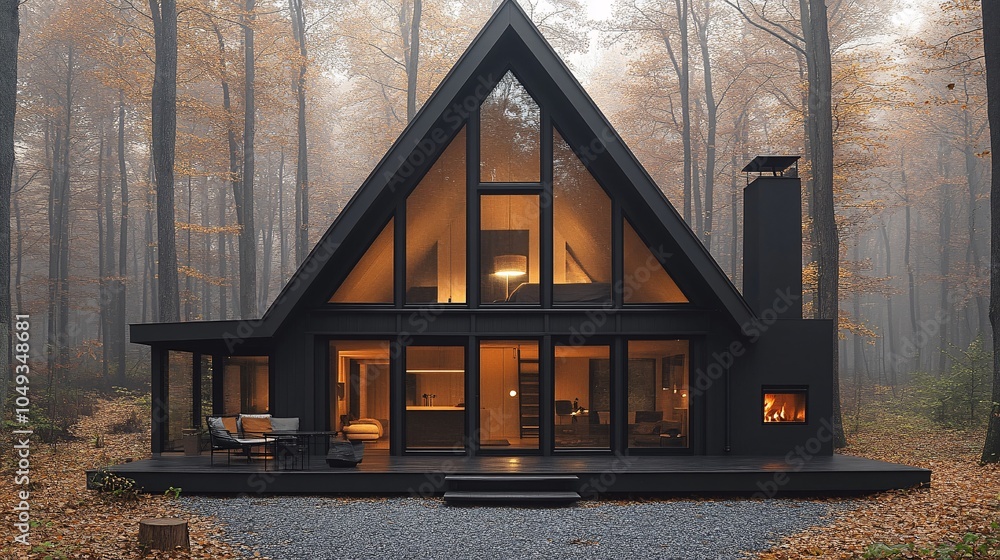 Fototapeta premium Modern Black Cabin in Scenic Autumn Forest