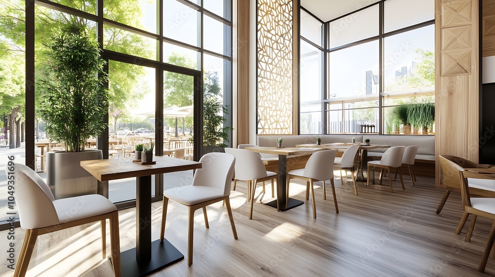 Modern bright restaurant interior with natural light and stylish wooden furniture : Generative AI Modern bright restaurant interior with natural light and stylish wooden furniture : Generative AI
