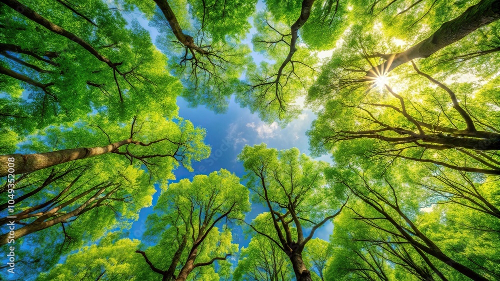 Fototapeta premium Soaring trees with vibrant green leaves and branches stretching towards the sky, nature, branches, greenery