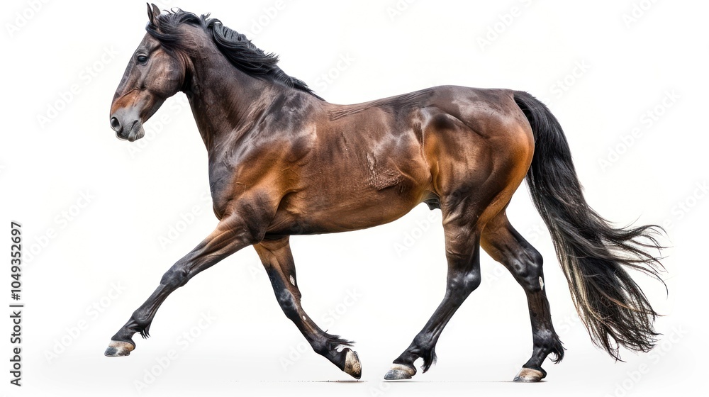 Fototapeta premium A Bay Horse Galloping in Mid-Air with a White Background
