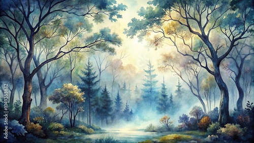 Watercolor painting of a misty forest with trees and branches, branch, ethereal, misty