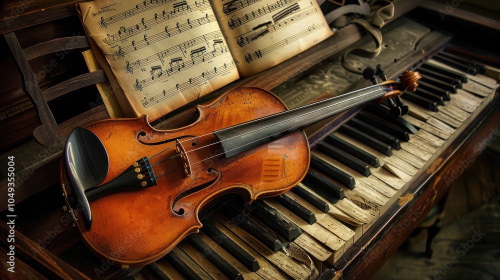 Naklejka premium A Violin Resting on an Old Piano with Sheet Music