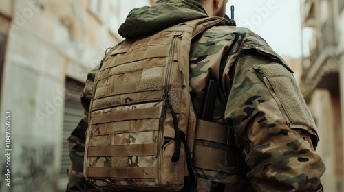 A soldier in camouflage gear stands in an urban environment, prepared for action.