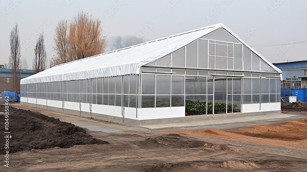 Large Modern Greenhouse with Clear Panels and Emerging Autumn Flora in Agricultural Setting : Generative AI Large Modern Greenhouse with Clear Panels and Emerging Autumn Flora in Agricultural Setting : Generative AI