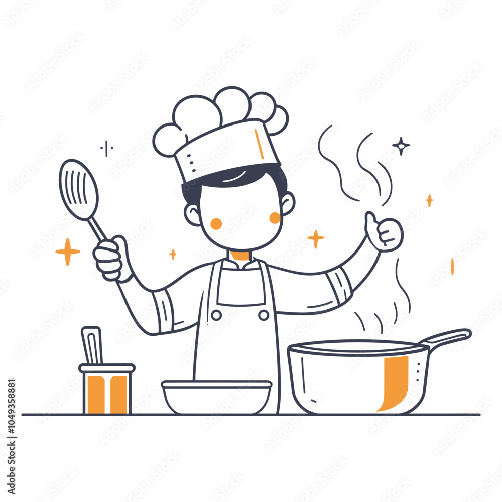 Cartoon illustration of a chef preparing food, mixing ingredients, symbolizing cooking Cartoon illustration of a chef preparing food, mixing ingredients, symbolizing cooking