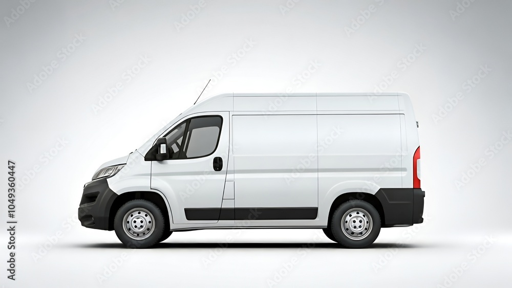 White commercial van parked against a plain light background. White commercial van parked against a plain light background.