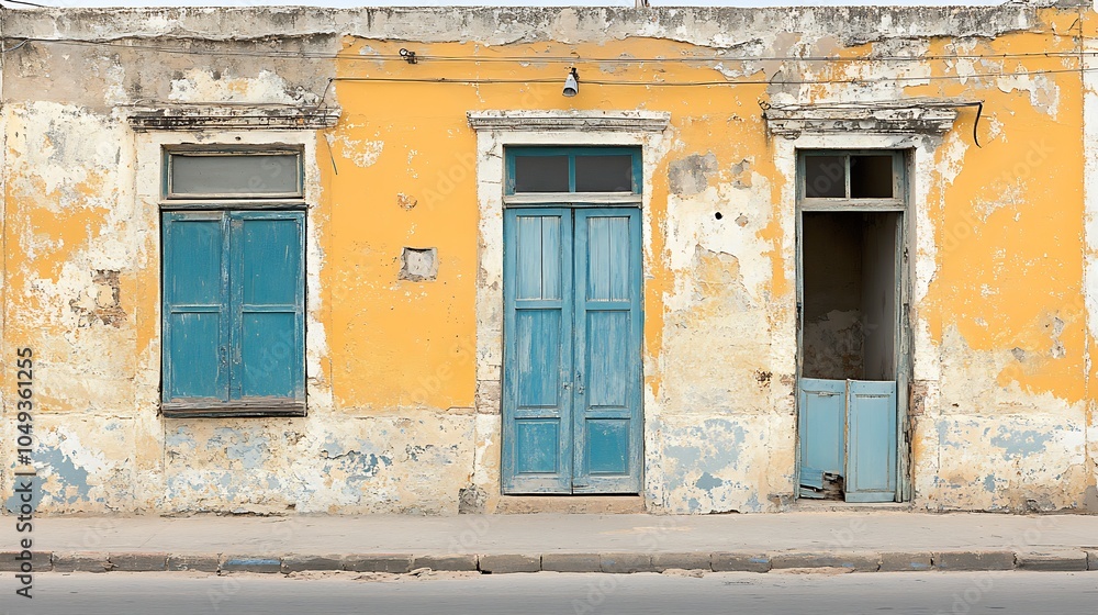 Fototapeta premium Abandoned Building with Weathered Yellow Walls and Blue Doors : Generative AI
