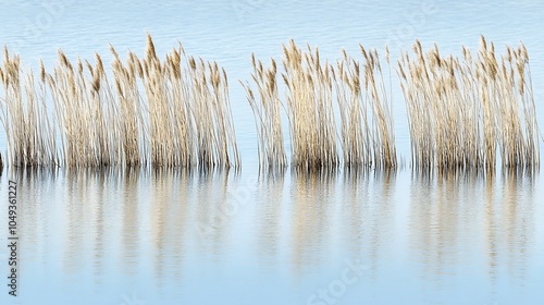 Reflections of Dry Reeds on Calm Water Surface in Minimalist Natural Landscape : Generative AI