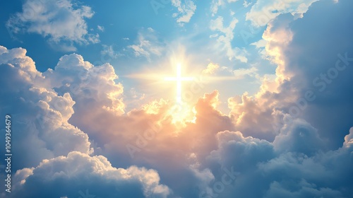 A serene image of a bright Christian cross appearing in the sky, surrounded by soft, fluffy white clouds and beautiful, gentle colors. Radiant light shines from the cross, symbolizing hope, love