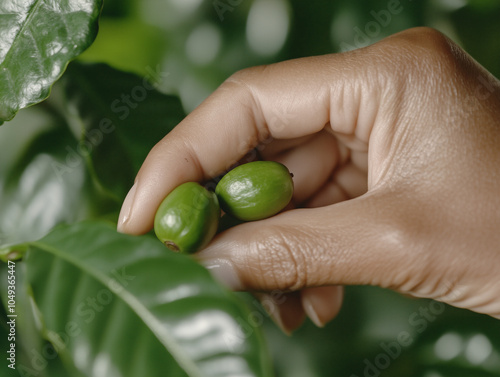 Woman's Hand Picking Green Coffee Berries on Plant – Fresh Coffee arabica as a Skincare Ingredient