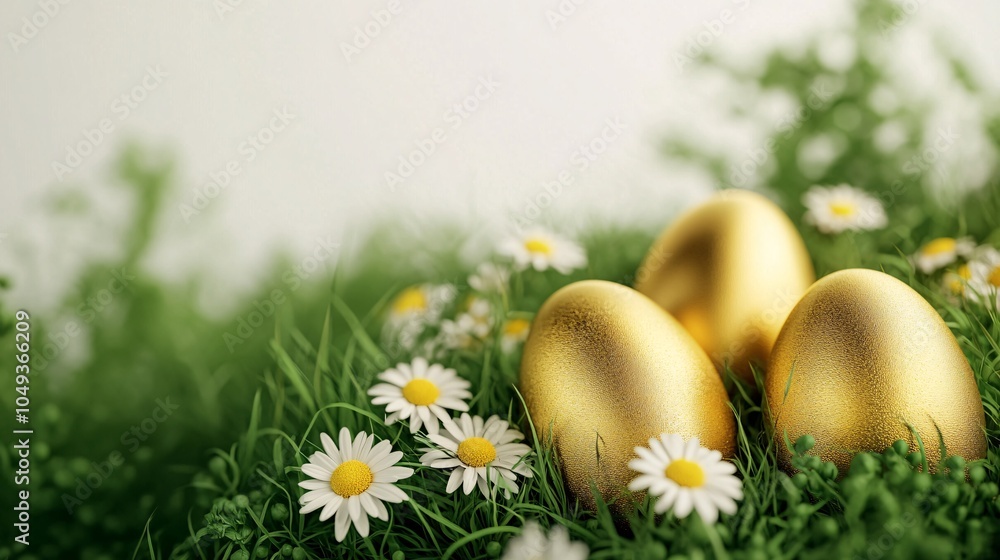 Three golden eggs are sitting on a green field of grass Three golden eggs are sitting on a green field of grass