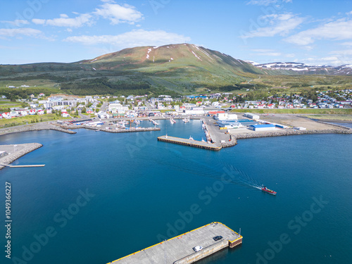 Aerial view of the town of Husavik in north Iceland photo