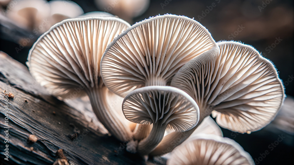 Close-up of delicate mushrooms with translucent gills growing on a dark log in nature
Close-up of delicate mushrooms with translucent gills growing on a dark log in nature