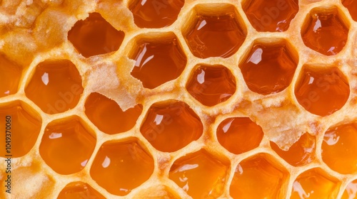 Honeycomb with sealed cells in hexagonal pattern, showing the texture and detail of the wax structure.