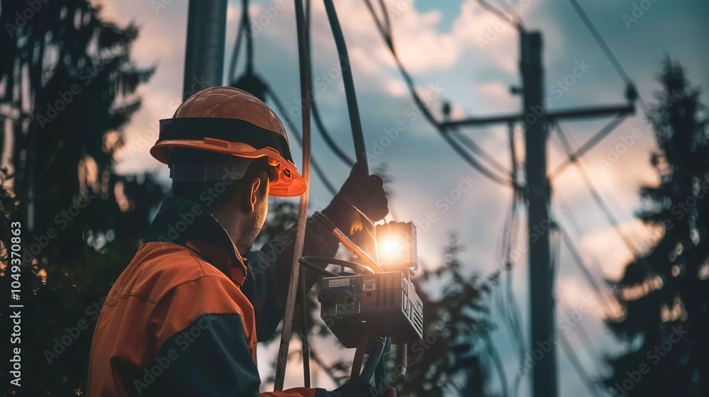 Dedicated electric utility worker in a hard hat repairing power lines amidst trees and a cloudy sky, using tools to restore electricity. power maintenance, energy,lineman,safety, power system,dedicati Dedicated electric utility worker in a hard hat repairing power lines amidst trees and a cloudy sky, using tools to restore electricity. power maintenance, energy,lineman,safety, power system,dedicati