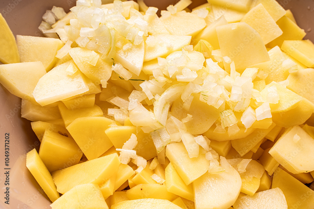 Raw chopped potatoes and finely chopped onions in a bowl. Top view, close-up. Raw chopped potatoes and finely chopped onions in a bowl. Top view, close-up.