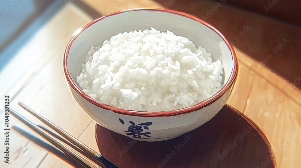 Bowl of Steamed White Rice with Chopsticks on Wooden Table Bowl of Steamed White Rice with Chopsticks on Wooden Table