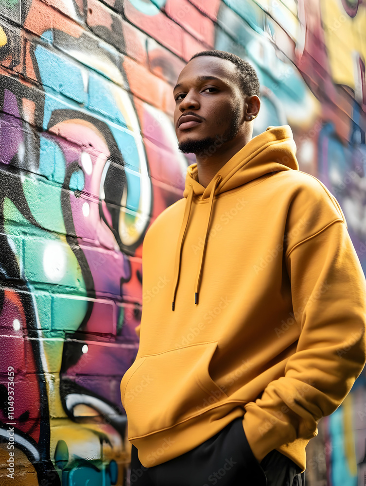 Hoodie Mockup - A young man in a yellow hoodie poses against a vibrant graffiti wall. Hoodie Mockup - A young man in a yellow hoodie poses against a vibrant graffiti wall.