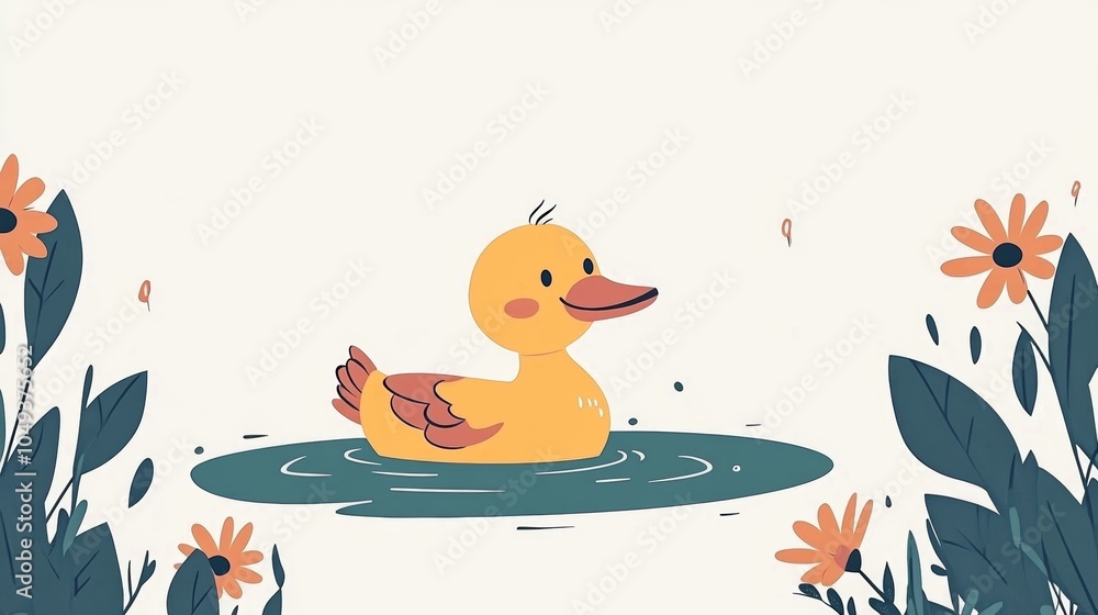 Obraz premium Cute Yellow Duckling Swimming in Pond with Flowers Illustration