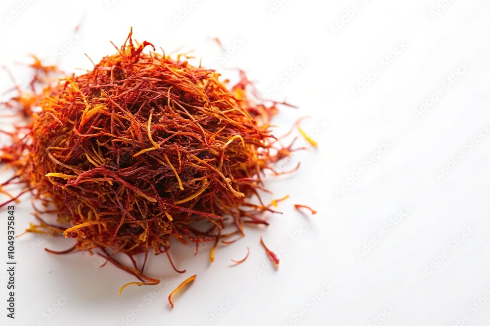 Fototapeta premium A cluster of saffron threads suspended in a sticky substance, on a white background, creating an abstract pattern, botanical, texture