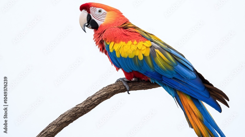 Fototapeta premium Colorful Scarlet Macaw Parrot Perched on Branch with White Background