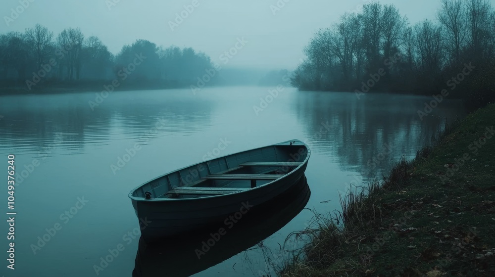 Obraz premium Serene Misty River with an Isolated Boat
