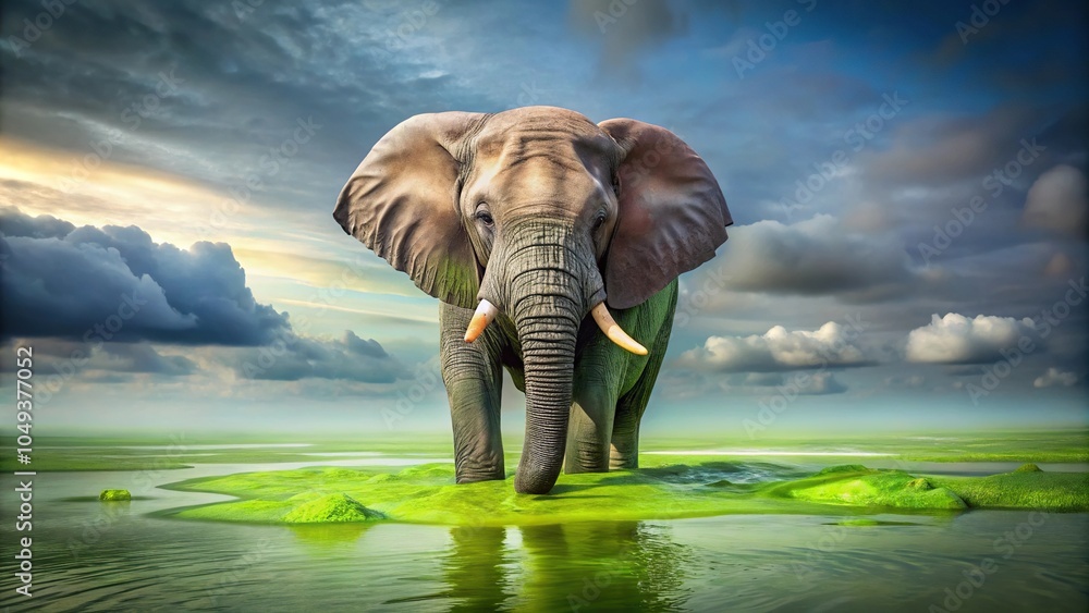 Fototapeta premium A lone pachyderm's tusks slowly sink into a murky pool of slime as it wallows in the warm and fetid waters, primal instinct, ivory, dripping slime, pachyderm
