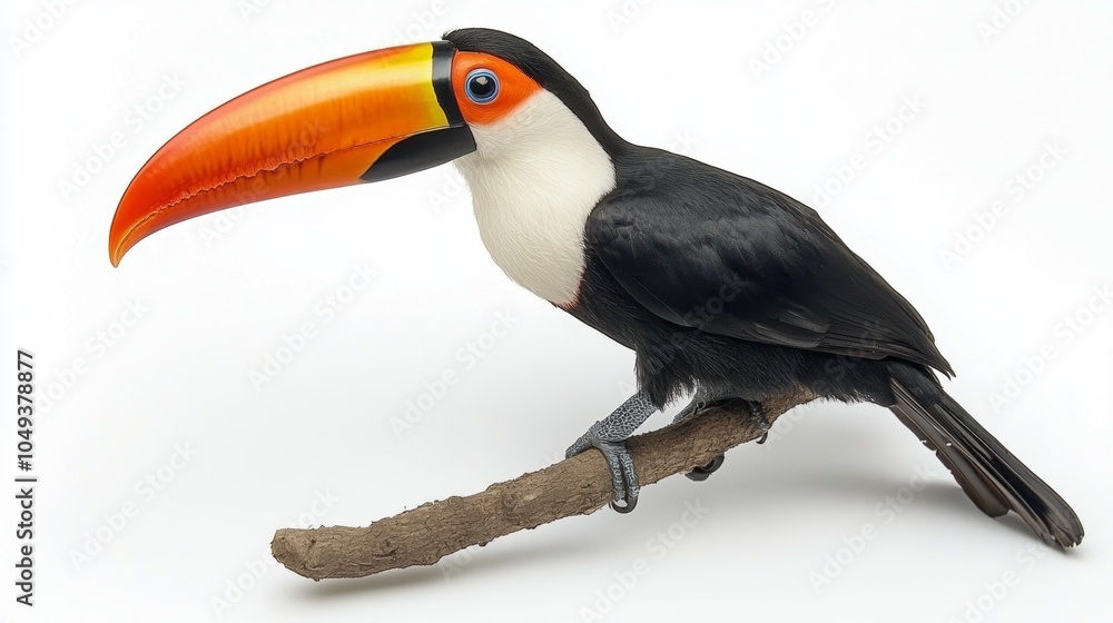 Naklejka premium Black Mandibled Toucan Bird Perched on Branch Isolated on White Background