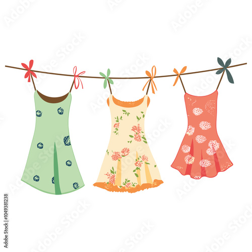 Illustration of clothes hanging on a clothesline, including dresses and a romper