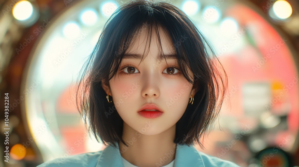 Portrait of a young Korean teenage girl with a straight bob haircut, middle-parted bangs, and a gentle expression, against a softly blurred colorful background Portrait of a young Korean teenage girl with a straight bob haircut, middle-parted bangs, and a gentle expression, against a softly blurred colorful background
