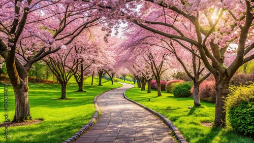 paved walkway with cherry blossom and green grass