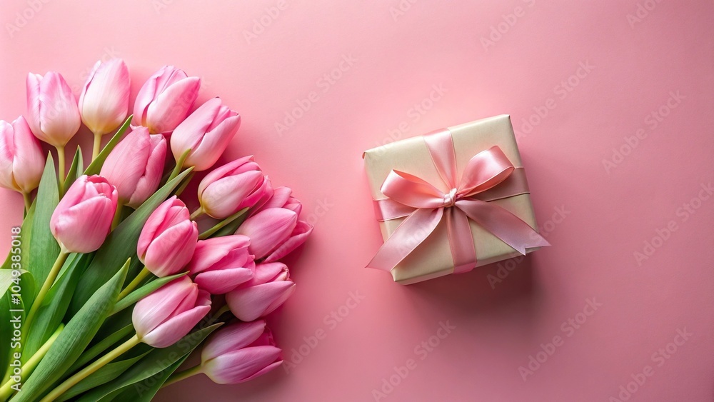 pink gift box with ribbon bow and bouquet of tulip on isolated pastel pink background pink gift box with ribbon bow and bouquet of tulip on isolated pastel pink background