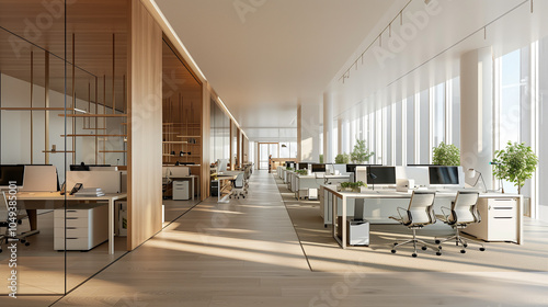 Modern workspace with standing desks, minimalist storage solutions, neutral tones, and plenty of open space, combining function and elegance in a clean design.