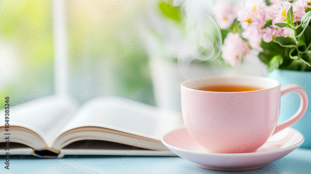 Warm herbal tea sits next to an open book, accompanied by fresh flowers on a bright morning Warm herbal tea sits next to an open book, accompanied by fresh flowers on a bright morning