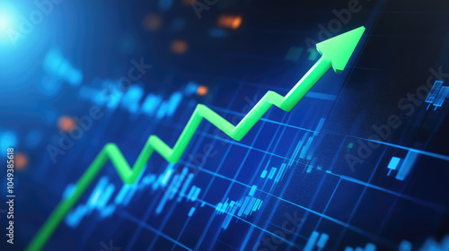 the growth of the graph of the stocks market data analysis on the blue board background 