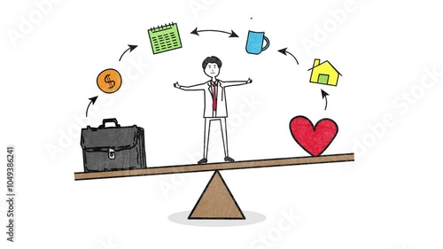 Work-Life Balance Concept. Sketch of a seesaw with a briefcase on one side and a heart on the other, symbolizing the balance between work and personal life. 