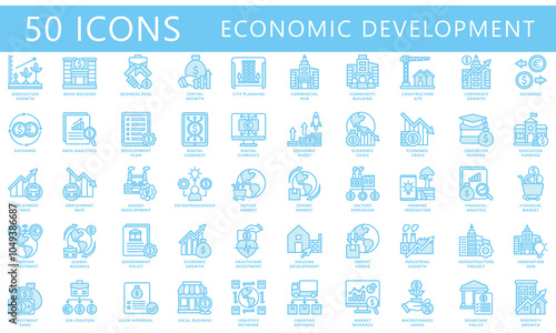 Economic development dual tone blue color icons set. contain digital money, export, analysis, development, exchange, investment and more. Vector EPS 10 for UI or UX kit, web and app, business, finance