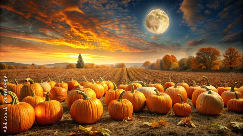 Harvest moon shining on autumn fields with pumpkins, creating a warm Thanksgiving landscape , Harvest, moon, autumn Harvest moon shining on autumn fields with pumpkins, creating a warm Thanksgiving landscape , Harvest, moon, autumn