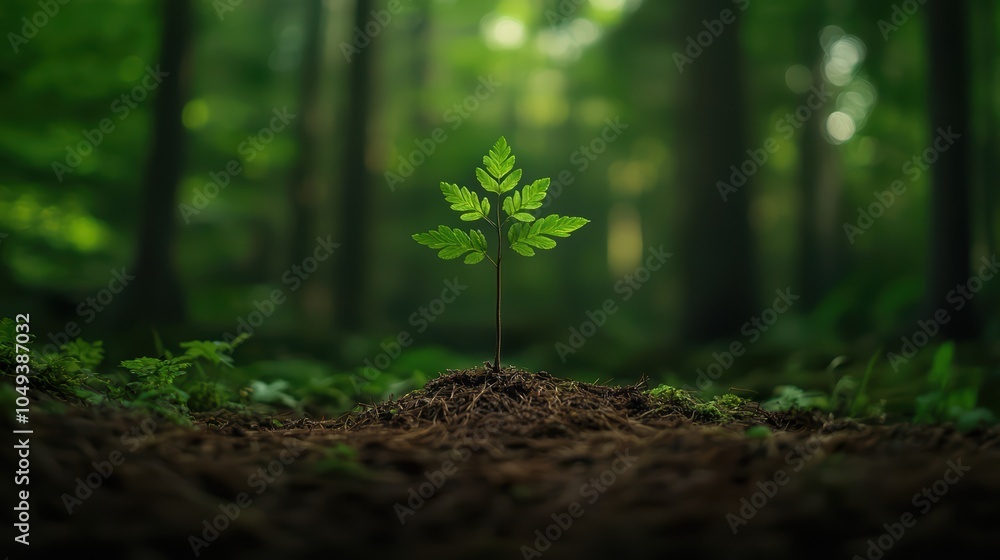 Young sapling emerging in a lush forest environment