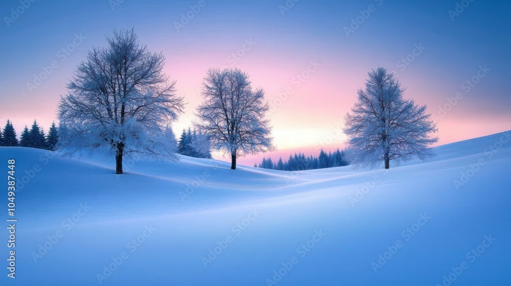 Serene winter landscape at dawn with frosted trees Serene winter landscape at dawn with frosted trees