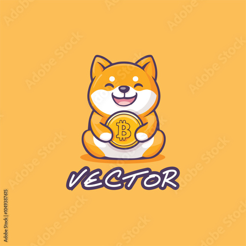 Cute Shiba Inu Cartoon Holding Bitcoin Coin on Orange Background Vector Illustration