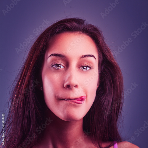 Young woman biting her lip showing doubts and insecurity photo