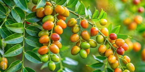 Close up of fresh curry leaves fruits on the plant, curry leaves, Murraya koenigii, close up, fresh, plant, green, herb photo