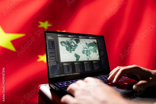 Canvas Print China red army agent conducts tactical reconnaissance, utilizing notebook for data analysis and mission planning, close up