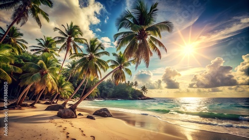 Vintage Toned Tropical Sandy Ocean Beach with Palm Trees and Film Distress Flare
