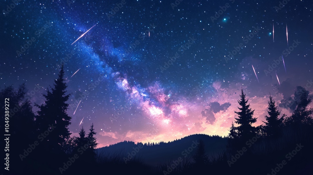 Fototapeta premium A beautiful night sky with shooting stars and the Milky Way over a forest silhouette.