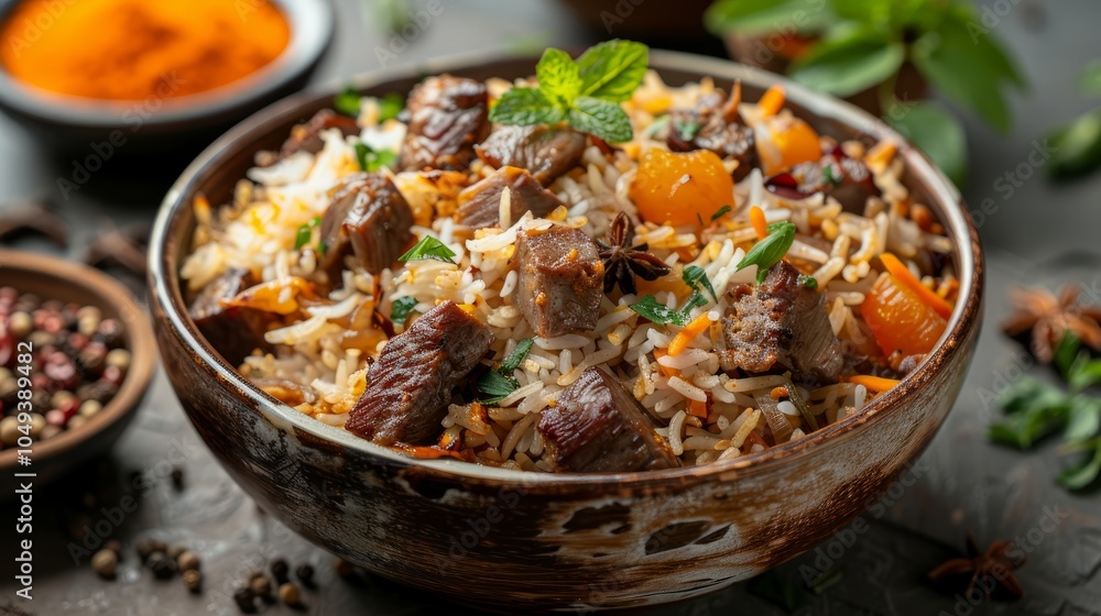 A bowl of flavorful biryani, a popular Indian dish, with tender meat, fluffy rice, and fragrant spices. A bowl of flavorful biryani, a popular Indian dish, with tender meat, fluffy rice, and fragrant spices.