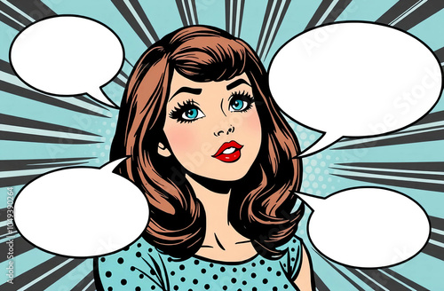 Pop art style comic book panel with girl talking blank small talk chatter in speech bubble 